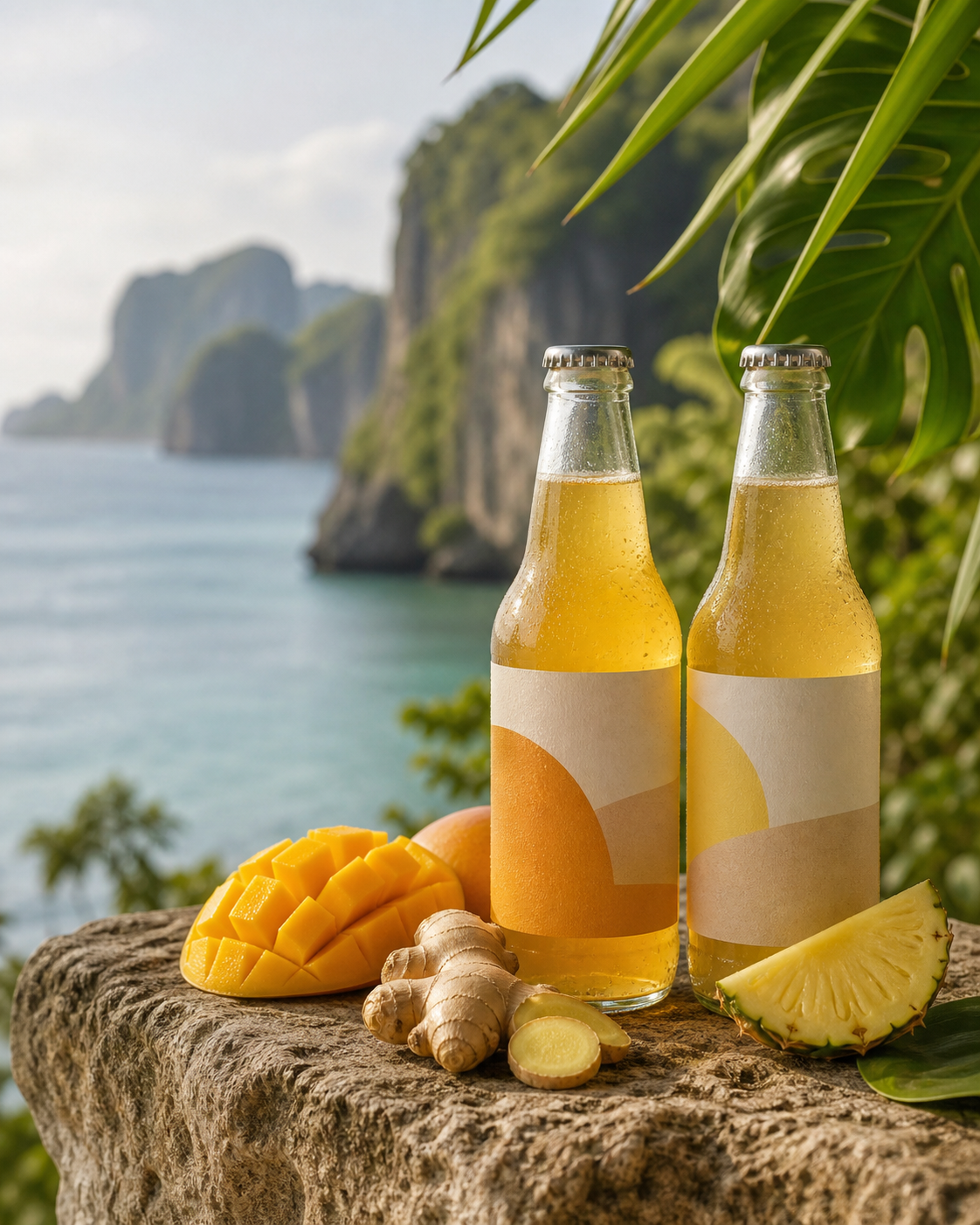 Two bottles of tropical fruit kombucha on a limestone coast