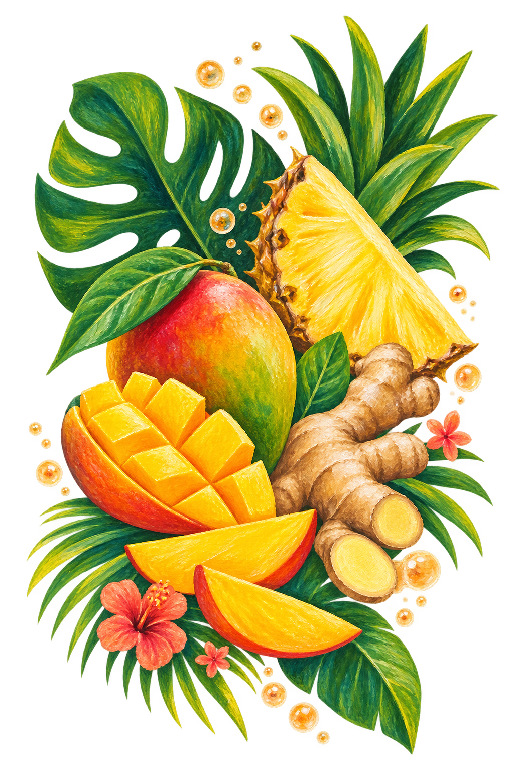Illustration of mango, pineapple, ginger and tropical leaves